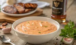 Cremige griechische Metaxasauce in einer Schüssel, daneben gegrilltes Fleisch, Knoblauch und Petersilie.