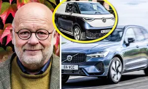 Äldre man med glasögon bredvid en Volvo och en VW ID. Buzz. Kanske dags för finansiell leasing med moms?