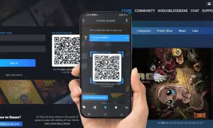 Ekran logowania Steam z kodem QR na telefonie i opcją logowania przez konto.