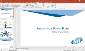 Prezentacja w programie PowerPoint z hasłami "Hacks, Tips & Tricks". Widok edycji z miniaturami slajdów po lewej.