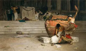 Scène dionysiaque : une femme en tenue de panthère, tambourin à la main, semble réveiller un homme endormi, peut-être la nourrice de Dionysos.