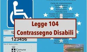 Contrassegno disabili, Legge 104, per parcheggio. Documento che attesta la disabilità e l'invalidità per l'accesso ai parcheggi riservati.