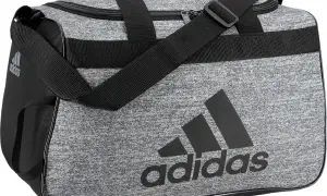 Borsone Adidas donna grigio melange con logo nero, perfetto per la palestra o il weekend.