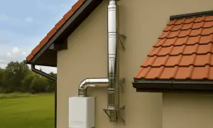 Nowoczesne zakończenie komina gazowego ze stali nierdzewnej, podłączone do kotła gazowego zamontowanego na ścianie domu.