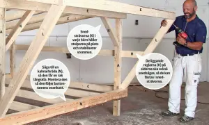 Man monterar vindskydd. En man skruvar fast en träregel i en stomme av trä.