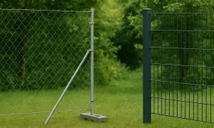Tymczasowe ogrodzenie działki z siatki drucianej i paneli metalowych, otoczone zielenią.