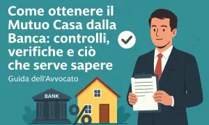 Uomo in giacca e cravatta con appunti, banca, casa e simbolo percentuale: guida alla fattibilità mutuo.