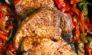 Saftiga kotletter i ugn med paprika och lök. En härlig middag som doftar underbart.