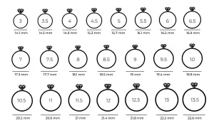 Guía de medida anillos mujer con números y diámetros en mm. Muestra diferentes tallas de anillos, desde 3 hasta 13.5.