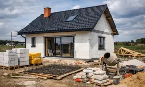 Budynek mieszkalny w budowie. Betonowa płyta zbrojeniowa, cement, bloczki i betoniarka czekają na dalsze prace.