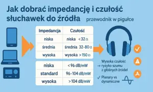 Tabela porównuje impedancję i czułość słuchawek do różnych źródeł dźwięku, pomagając dobrać optymalne połączenie.