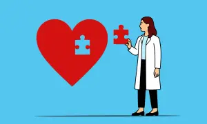 Lekarka z białym fartuchem trzyma element układanki, by dopasować go do czerwonego serca. Czy psychoterapeuta może zdiagnozować?