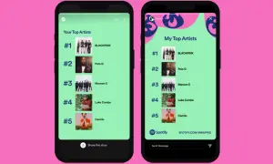 Two phone screens displaying Spotify Wrapped examples of top artists: BLACKPINK, Polo G, Maroon 5, Luke Combs, and Camilo.