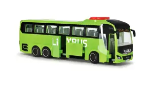 Zielony autobus Flixbus z otwartymi drzwiami, idealny do zabawy w podróż lub do rozważenia flixbus zwrot biletu.