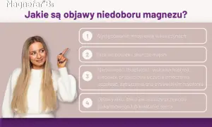 Kobieta wskazuje na listę objawów niedoboru magnezu: mrowienie, drżenie powiek, nerwowość, lęk.