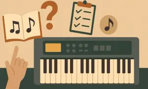 Szukasz odpowiedzi na pytanie: jaki keyboard dla początkujących? Na obrazku keyboard, nuty, lista zadań i znak zapytania.