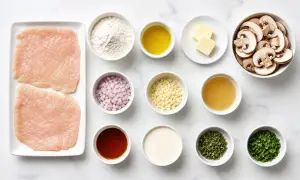 Ingredienser för pasta marsala: kycklingfiléer, mjöl, olivolja, smör, schalottenlök, vitlök, buljong, marsalavin, grädde, timjan och persilja.