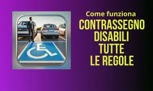 Un uomo in giacca e cravatta in un parcheggio disabili. Il contrassegno disabili è un diritto, non un privilegio da usare senza invalido a bordo.