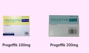 Cajas de Progeffik 100 mg y 200 mg, cápsulas blandas de progesterona.