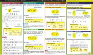 Potenzen multiplizieren: Bei identischer Basis werden die Exponenten addiert, z.B. 2³ * 2⁵ = 2⁸.