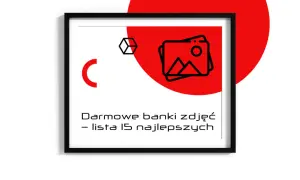 Grafika z tekstem "Darmowe banki zdjęć – lista 15 najlepszych". Stylizowane ikony i czerwone koło.