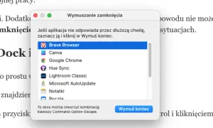 Okno "Wymuszanie zamknięcia" na MacBooku, pokazujące listę aplikacji, w tym Brave Browser. Pomaga, gdy nie wiesz, jak wymusić zamknięcie aplikacji.