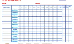 Foglio presenze mensile con colonne per giorni, ore ordinarie, straordinarie, assenze e riepiloghi. Utile per la gestione del foglio ore lavoro.