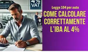 Uomo in concessionaria calcola l'IVA al 4% per l'acquisto di un'auto, con testo "Legge 104 per auto: Come calcolare correttamente l'IVA al 4%".