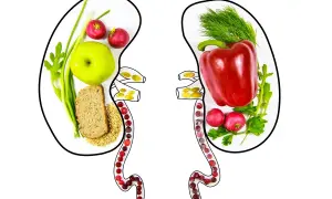 Zdrowa dieta to klucz do tego, jak dbać o nerki przy cukrzycy. Na ilustracji nerki wypełnione owocami, warzywami i pełnoziarnistym pieczywem.