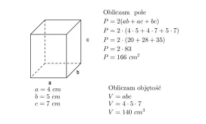 Ilustracja przedstawia prostopadłościan z wymiarami a=4, b=5, c=7 cm. Obok znajduje się wzór na pole prostopadłościanu i jego obliczenie.