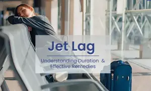Erschöpfte Reisende am Flughafen, die auf effektive Tipps hoffen, um Jetlag zu vermeiden und die Reise zu genießen.