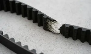 Cinghia di distribuzione rotta, con fili sfilacciati che mostrano il danno. Un problema comune quando si rompe la cinghia di distribuzione.