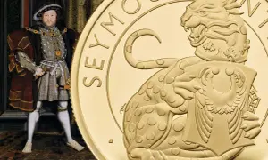 Król Henryk VIII z portretu obok złotego medalu z panterą, część serii "Bestie Tudorów".