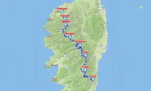 Carte de la Corse montrant le parcours du GR20, de Calinzana à Conca. Idéal pour préparer le GR20 !