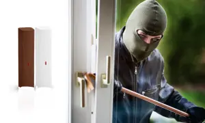 Złodziej w kominiarce próbuje dokonać włamania do domu, używając łomu. Obok drzwi widoczne są dwa czujniki alarmowe.