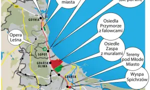 Mapa Trójmiasta z zaznaczonymi atrakcjami: Gdynia, Sopot, Gdańsk, Opera Leśna, Wyspa Spichrzów.