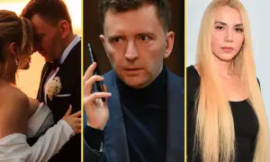 Łukasz Schreiber z pierwszą żoną na ślubnym kobiercu, a obok niego mężczyzna z telefonem i blondynka.