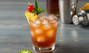 En läskande Mai Tai med ananas, körsbär och mynta. En jalapeño ligger bredvid glaset.