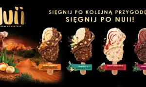 Cztery lody Nuii w czekoladzie z różnymi dodatkami na tle krajobrazu i koali.