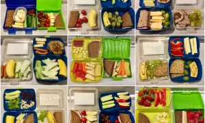Bunte Brotdosen für den Kindergarten: gesunde und ungesunde Lebensmittel wie Obst, Gemüse, Käse, Wurst und Brot.