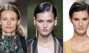 Trois mannequins aux regards intenses. La deuxième arbore un maquillage smoky eyes vert audacieux, accentuant ses yeux perçants.