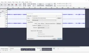 Audacity po polsku: okno eksportu dźwięku z ustawieniami formatu WAV, częstotliwości i kodowania.