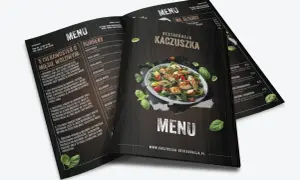 Menu restauracji Kaczuszka z opisem burgerów i deserów. Karta menu projektu zawiera apetyczne zdjęcia potraw.