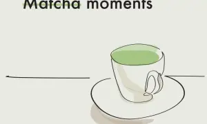 Minimalistyczna ilustracja filiżanki z zieloną matchą na spodku.