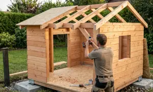 Mann baut ein Spielhaus selber. Holzkonstruktion mit Dachsparren und Wänden wird mit Akkuschrauber montiert.