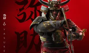 Yasuke, samuraj w zbroi, z kataną w dłoni, na tle czerwonych znaków.