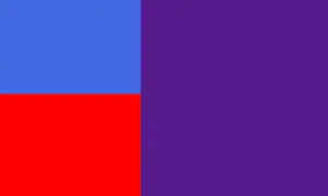Blau und Rot ergeben Lila. Ein Bild mit drei Farbflächen: oben links blau, unten links rot, rechts ein großes lila Feld.