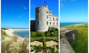 Paysages variés de la Côte d'Opale : dunes, château, et bunker surplombant la mer.