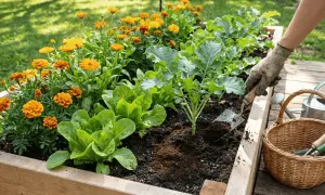 En hand med handske planterar i en upphöjd bädd med sallat och blommor. Kaffesump används som gödsel för att ge näring.