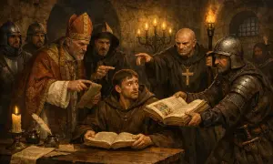 Biskup i mnisi dyskutują nad księgą, w mrocznym pomieszczeniu. Widać żołnierzy, świece i symbole religii.